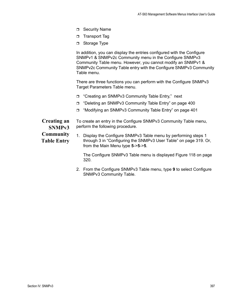 Creating an snmpv3 community table entry | Allied Telesis AT-S63 User Manual | Page 397 / 672