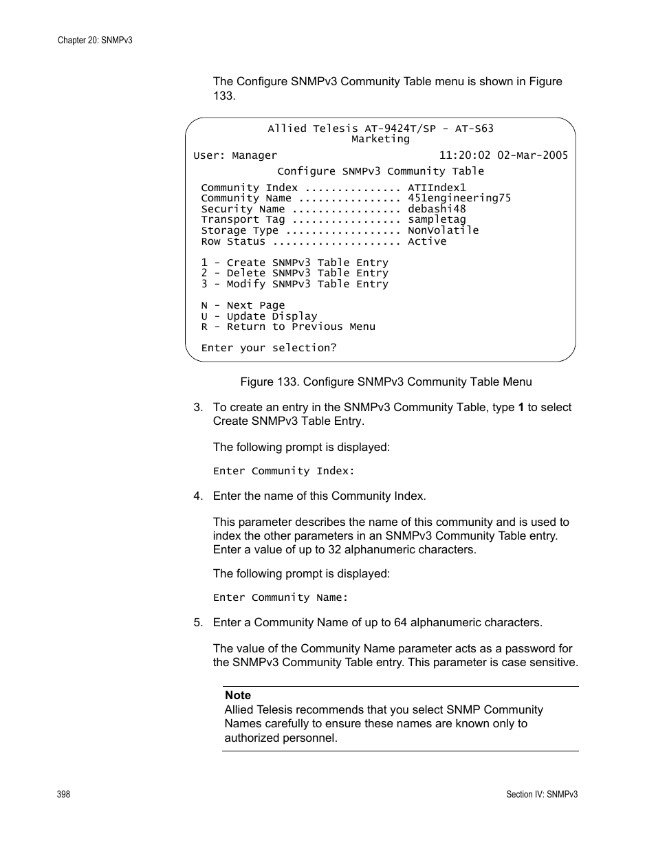 Figure 133: configure snmpv3 community table menu | Allied Telesis AT-S63 User Manual | Page 398 / 672