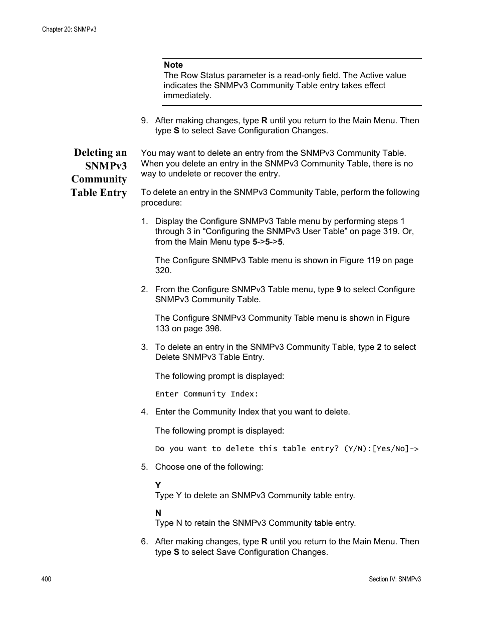 Deleting an snmpv3 community table entry | Allied Telesis AT-S63 User Manual | Page 400 / 672