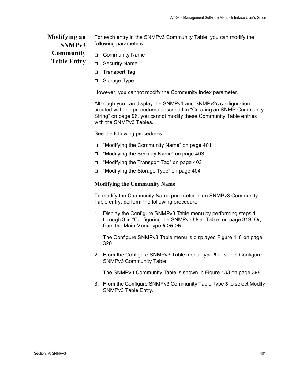 Modifying an snmpv3 community table entry | Allied Telesis AT-S63 User Manual | Page 401 / 672