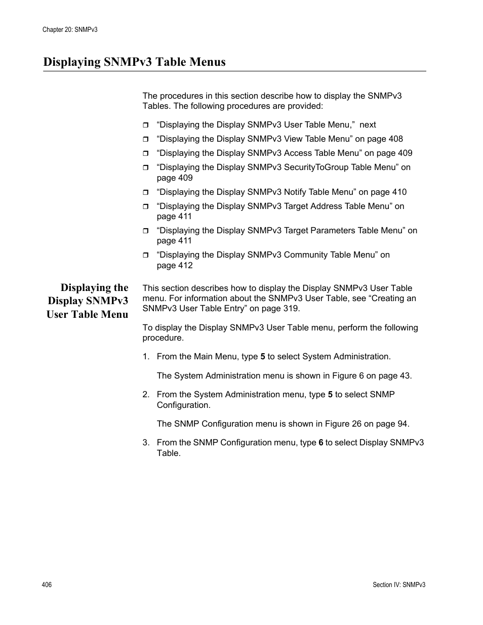 Displaying snmpv3 table menus, Displaying the display snmpv3 user table menu | Allied Telesis AT-S63 User Manual | Page 406 / 672