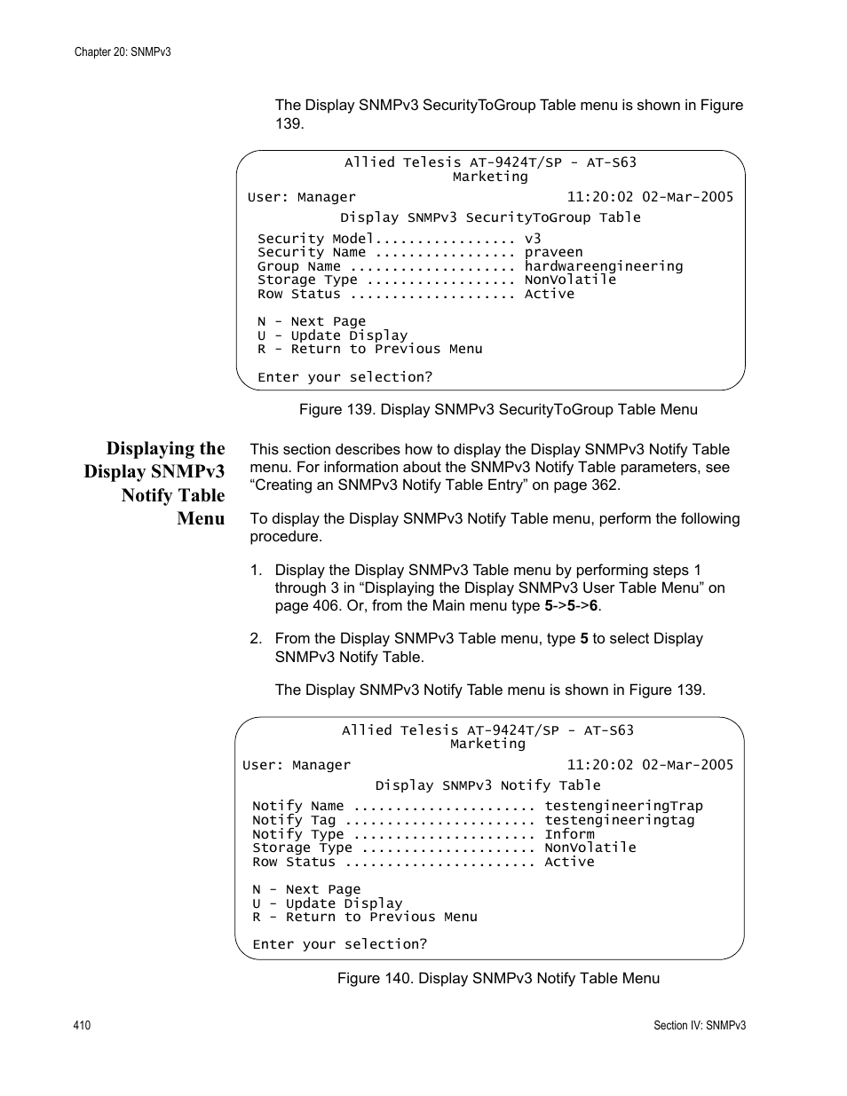 Displaying the display snmpv3 notify table menu | Allied Telesis AT-S63 User Manual | Page 410 / 672