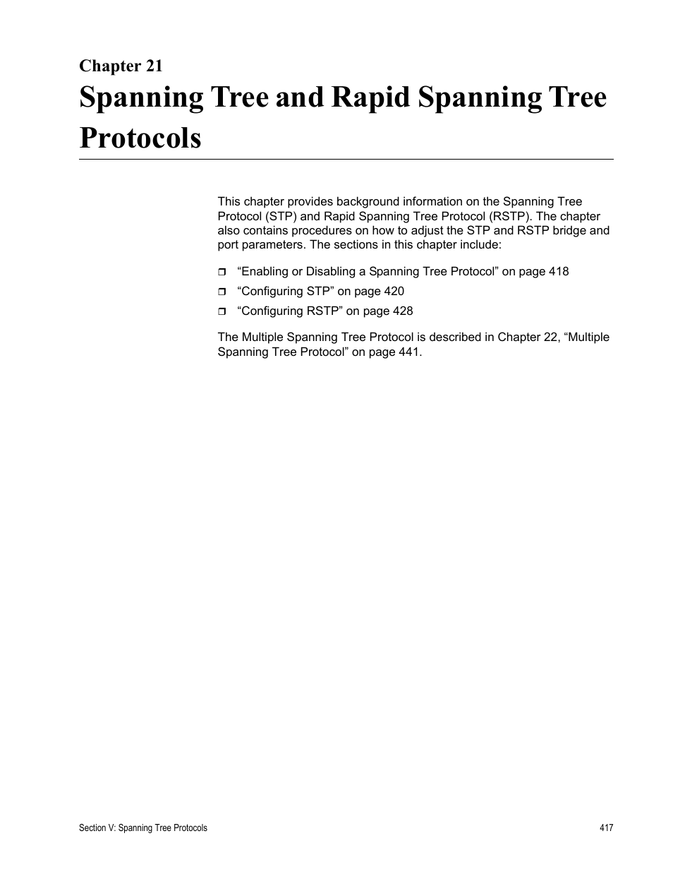 Chapter 21, Spanning tree and rapid spanning tree protocols | Allied Telesis AT-S63 User Manual | Page 417 / 672