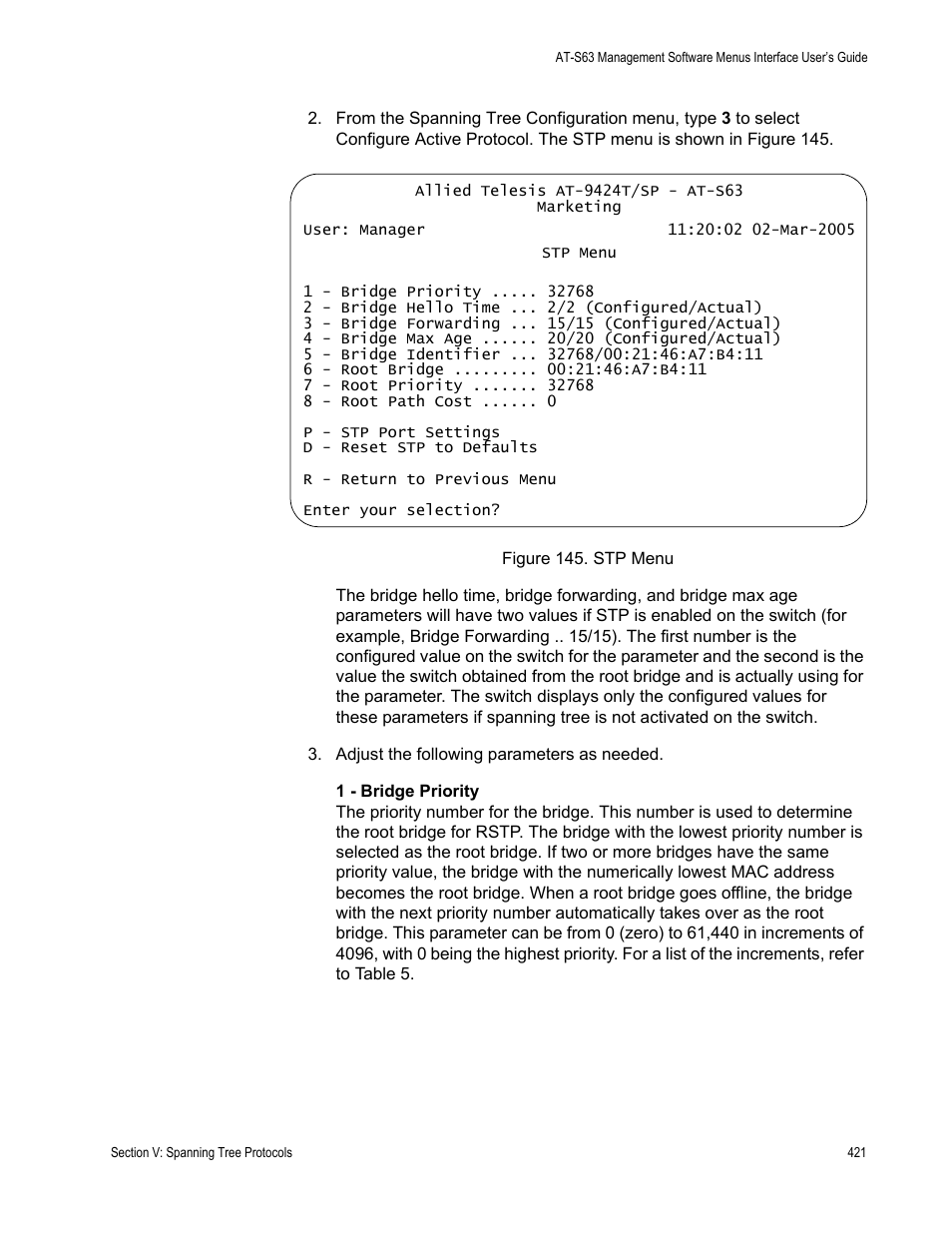 Figure 145: stp menu | Allied Telesis AT-S63 User Manual | Page 421 / 672