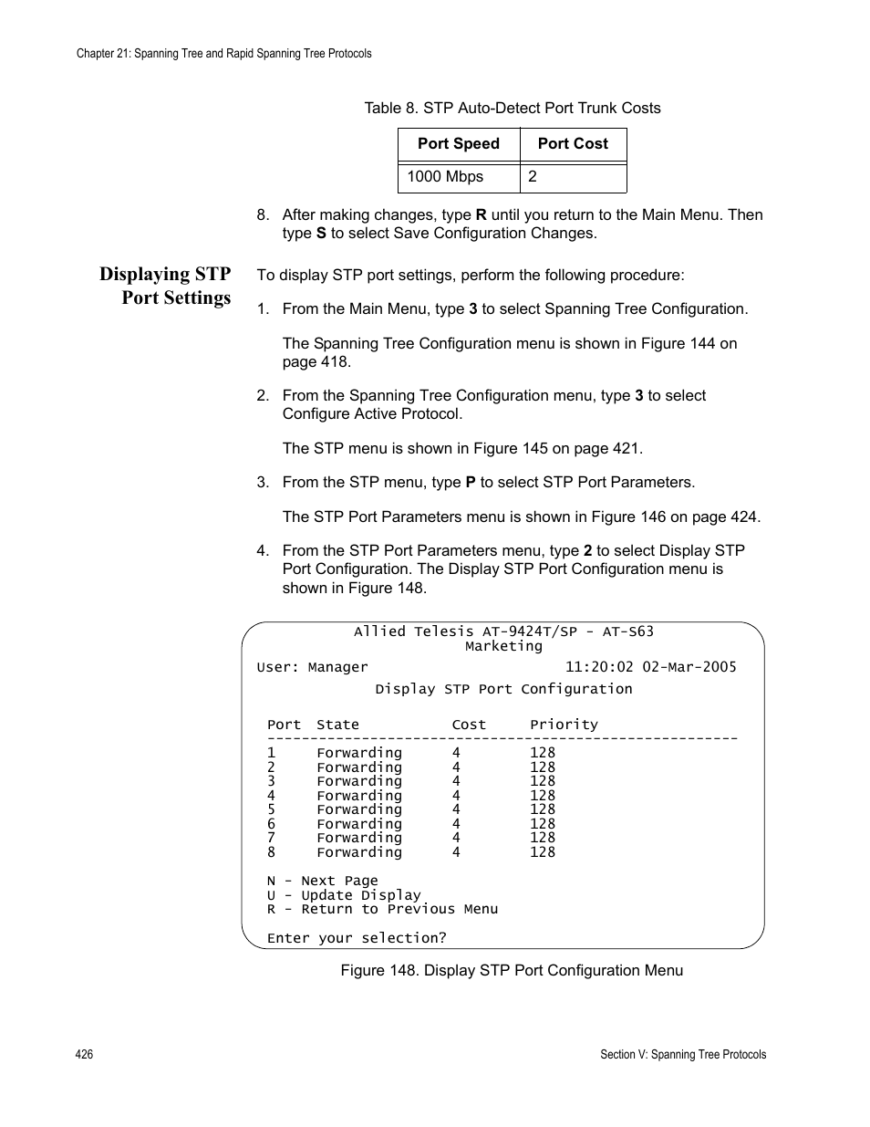 Displaying stp port settings, Figure 148: display stp port configuration menu | Allied Telesis AT-S63 User Manual | Page 426 / 672