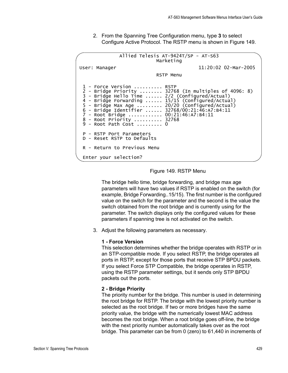 Figure 149: rstp menu | Allied Telesis AT-S63 User Manual | Page 429 / 672