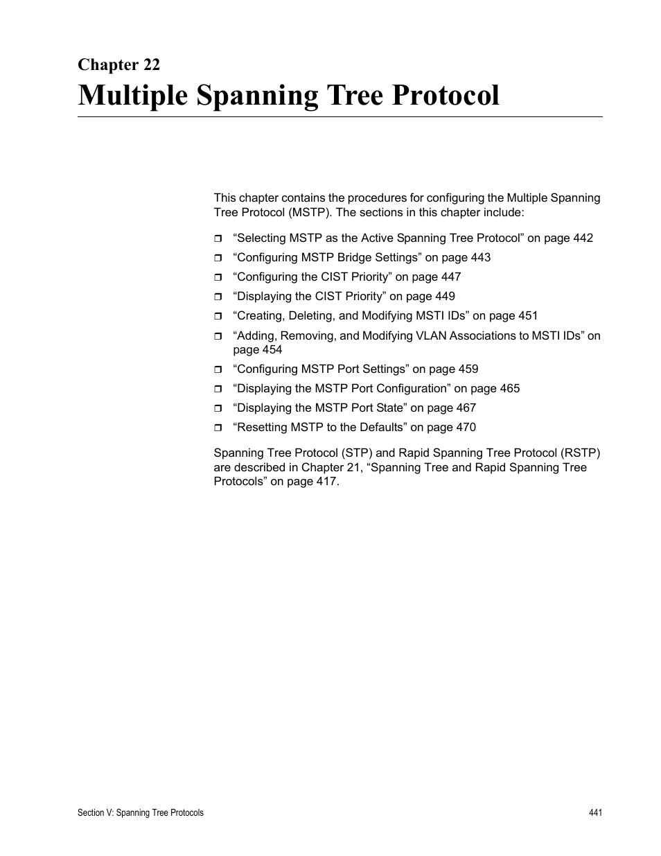 Chapter 22, Multiple spanning tree protocol, Chapter 22: multiple spanning tree protocol | Allied Telesis AT-S63 User Manual | Page 441 / 672