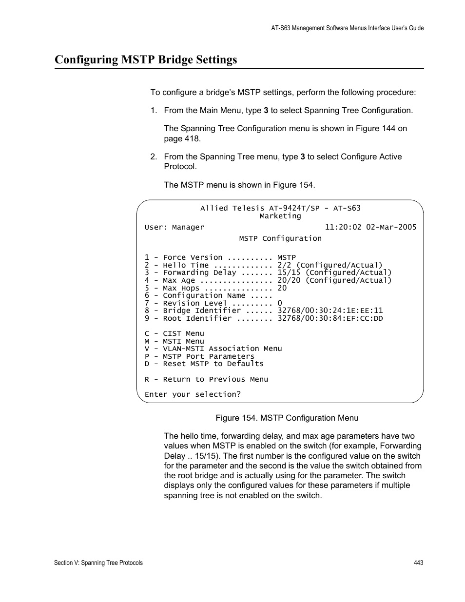 Configuring mstp bridge settings, Figure 154: mstp configuration menu | Allied Telesis AT-S63 User Manual | Page 443 / 672