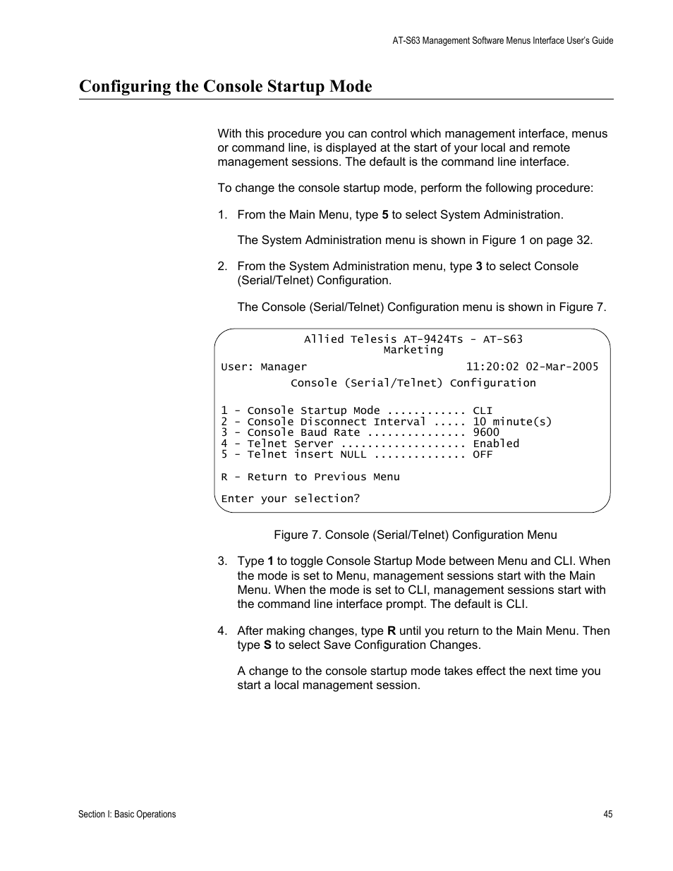 Configuring the console startup mode | Allied Telesis AT-S63 User Manual | Page 45 / 672