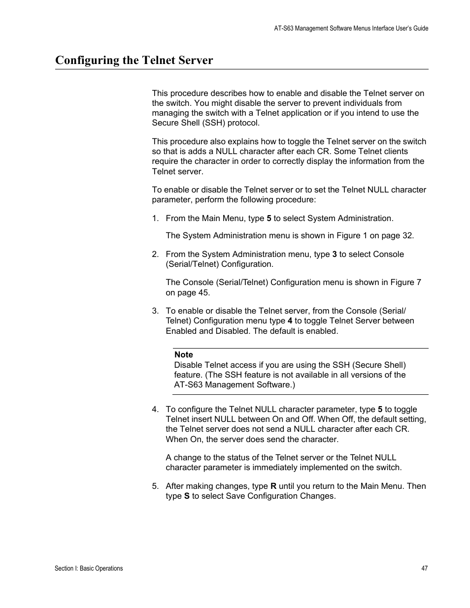 Configuring the telnet server | Allied Telesis AT-S63 User Manual | Page 47 / 672