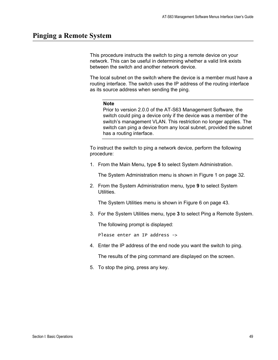 Pinging a remote system | Allied Telesis AT-S63 User Manual | Page 49 / 672
