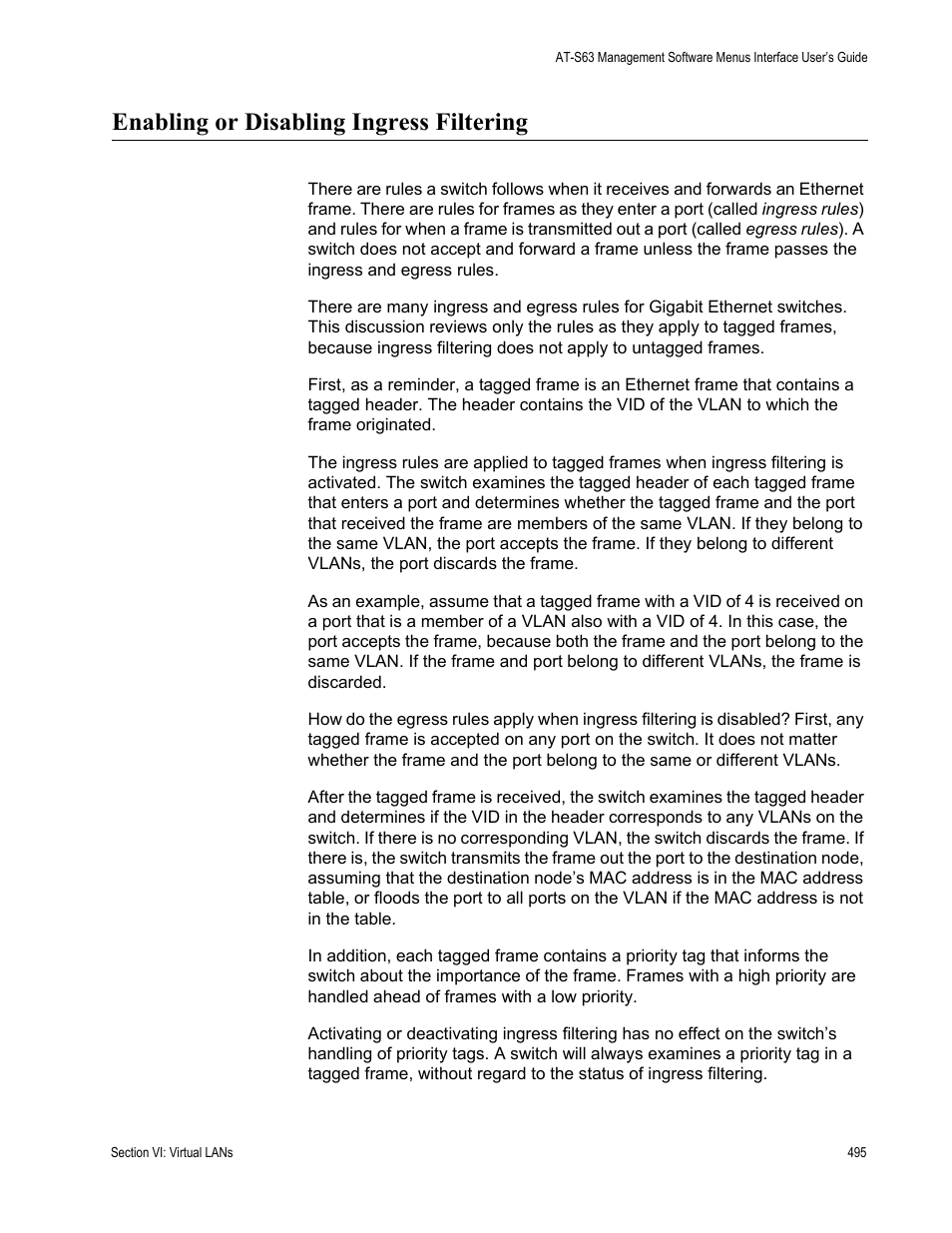 Enabling or disabling ingress filtering | Allied Telesis AT-S63 User Manual | Page 495 / 672