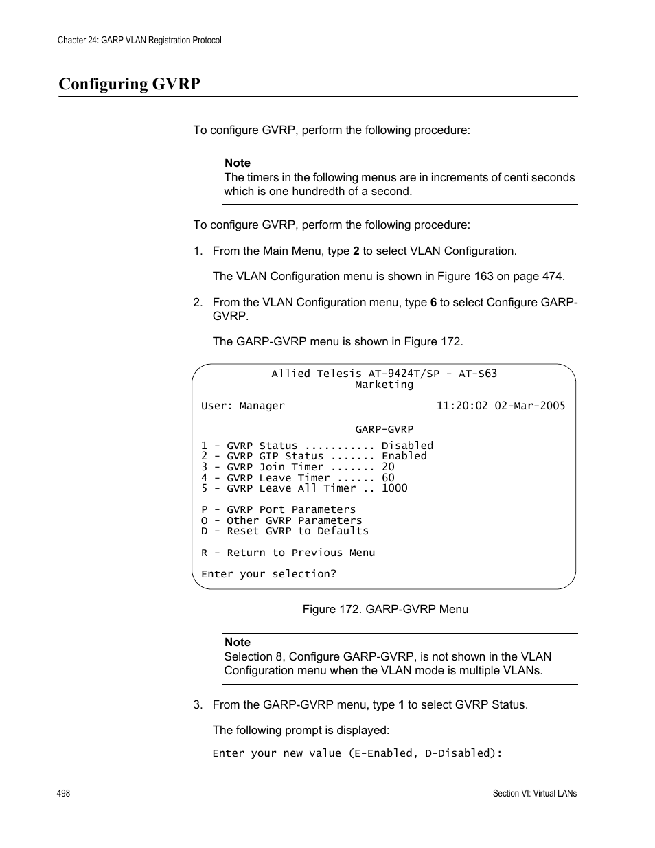 Configuring gvrp, Figure 172: garp-gvrp menu | Allied Telesis AT-S63 User Manual | Page 498 / 672