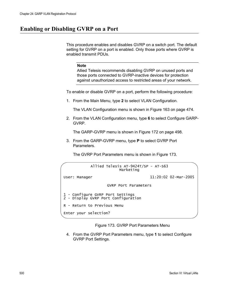 Enabling or disabling gvrp on a port, Figure 173: gvrp port parameters menu | Allied Telesis AT-S63 User Manual | Page 500 / 672
