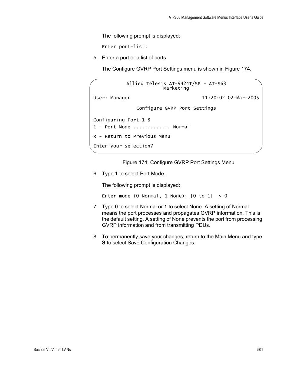 Figure 174: configure gvrp port settings menu | Allied Telesis AT-S63 User Manual | Page 501 / 672