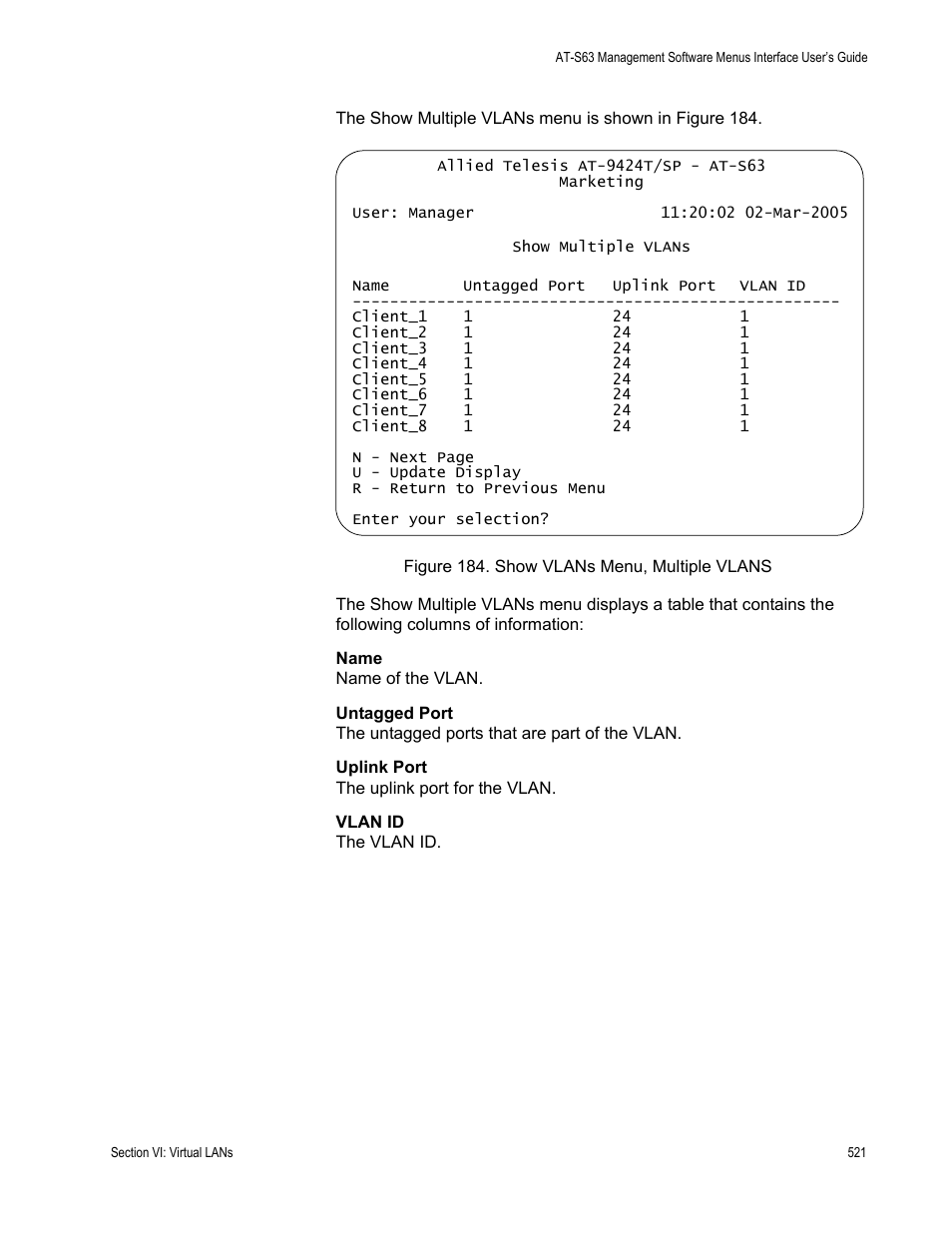 Figure 184: show vlans menu, multiple vlans | Allied Telesis AT-S63 User Manual | Page 521 / 672