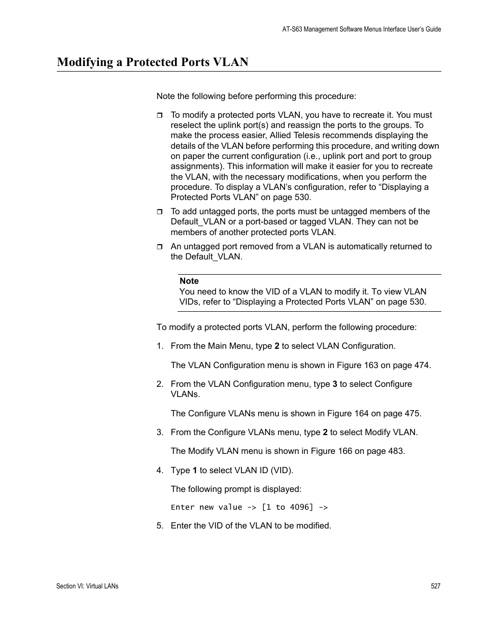 Modifying a protected ports vlan | Allied Telesis AT-S63 User Manual | Page 527 / 672
