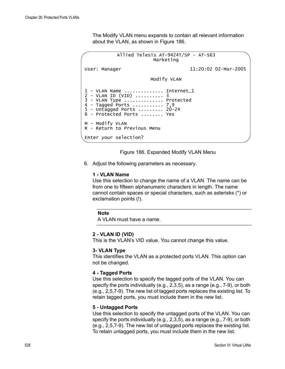 Figure 186: expanded modify vlan menu | Allied Telesis AT-S63 User Manual | Page 528 / 672