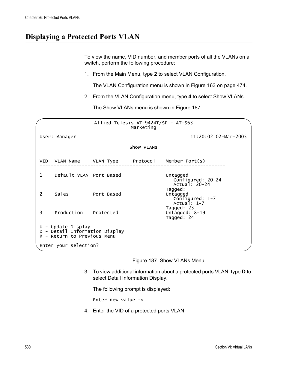 Displaying a protected ports vlan, Figure 187: show vlans menu | Allied Telesis AT-S63 User Manual | Page 530 / 672