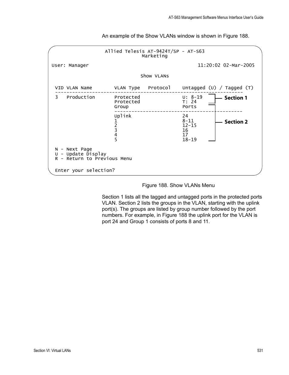 Figure 188: show vlans menu | Allied Telesis AT-S63 User Manual | Page 531 / 672
