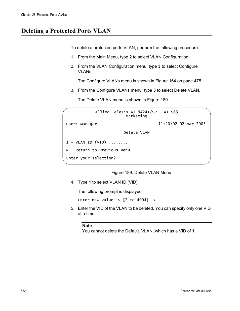 Deleting a protected ports vlan, Figure 189: delete vlan menu | Allied Telesis AT-S63 User Manual | Page 532 / 672
