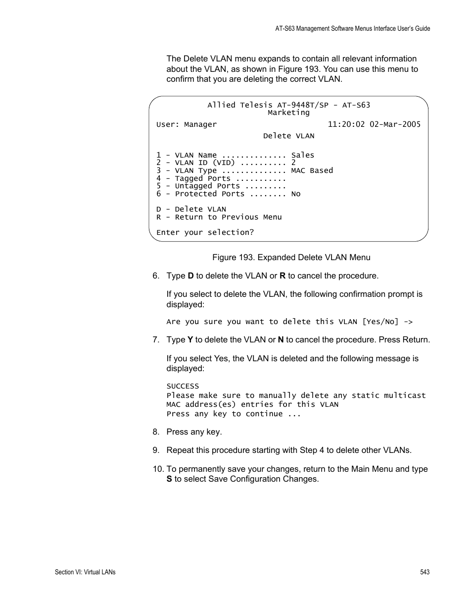 Figure 193: expanded delete vlan menu | Allied Telesis AT-S63 User Manual | Page 543 / 672