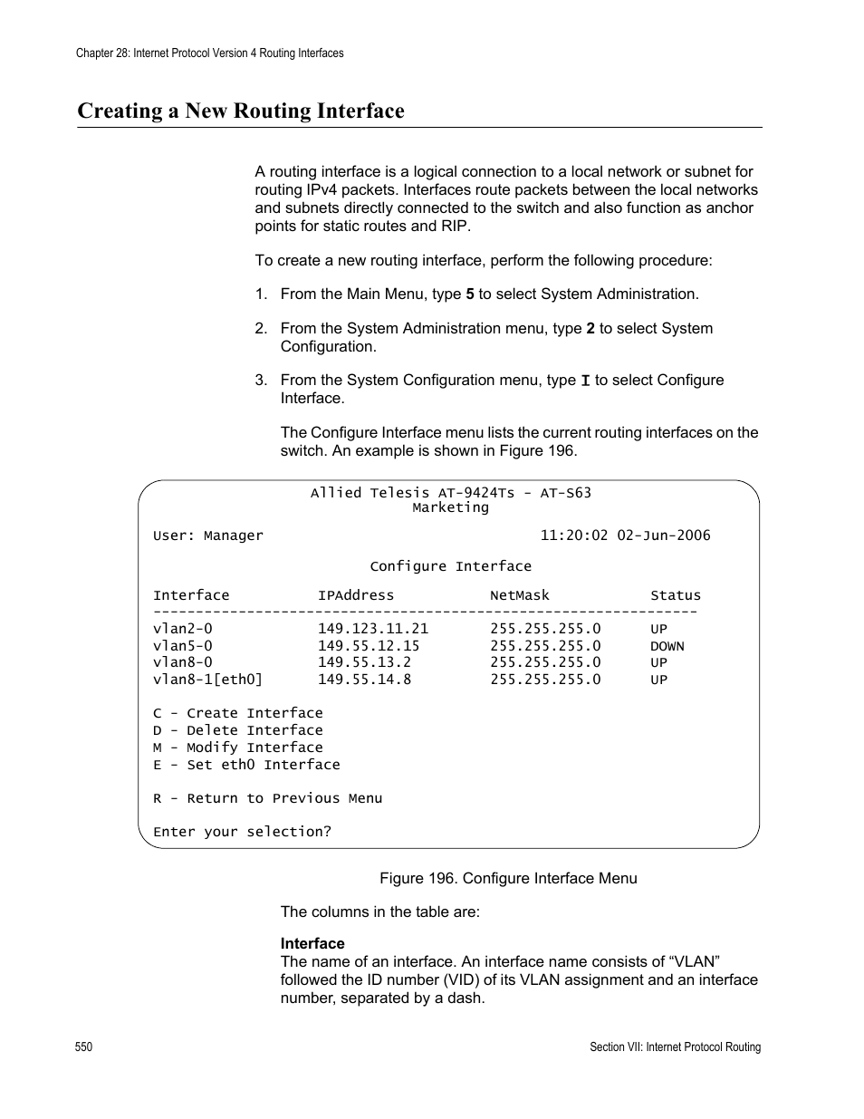 Creating a new routing interface, Figure 196: configure interface menu | Allied Telesis AT-S63 User Manual | Page 550 / 672