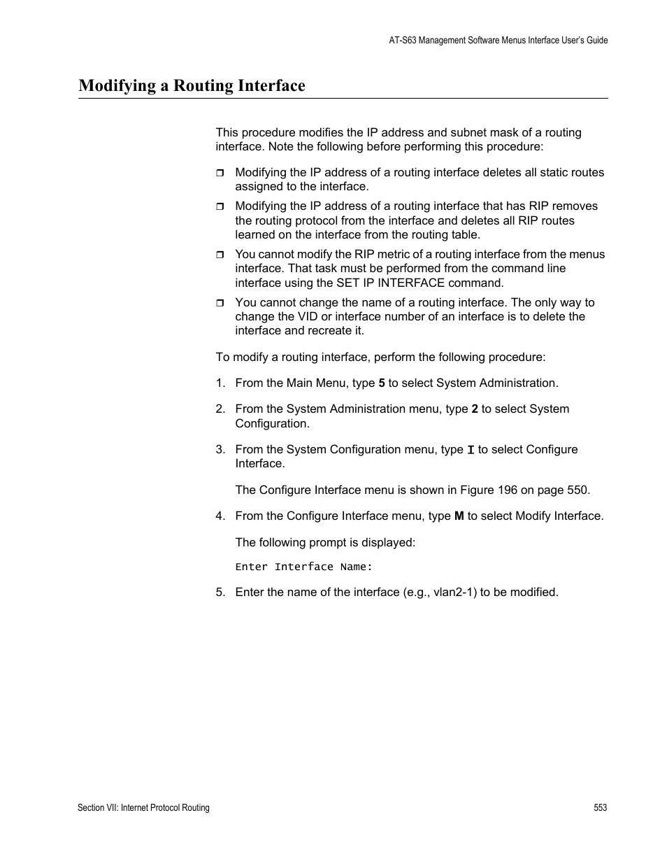 Modifying a routing interface | Allied Telesis AT-S63 User Manual | Page 553 / 672