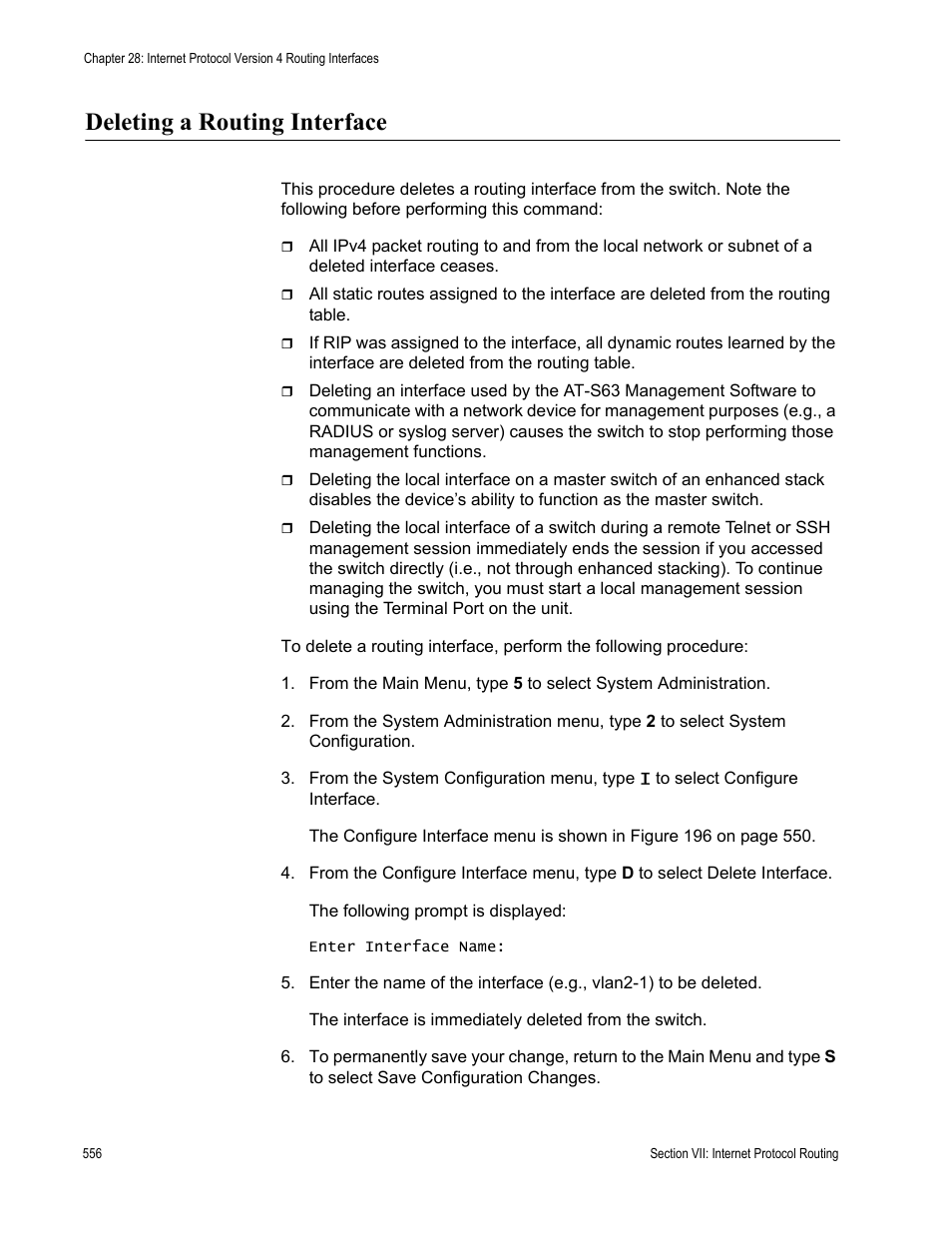Deleting a routing interface | Allied Telesis AT-S63 User Manual | Page 556 / 672