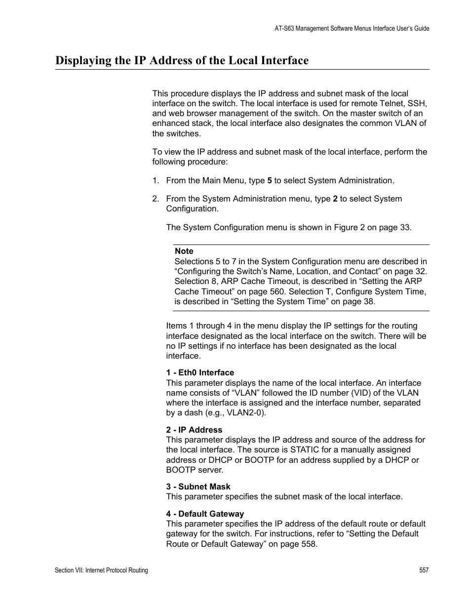 Displaying the ip address of the local interface | Allied Telesis AT-S63 User Manual | Page 557 / 672