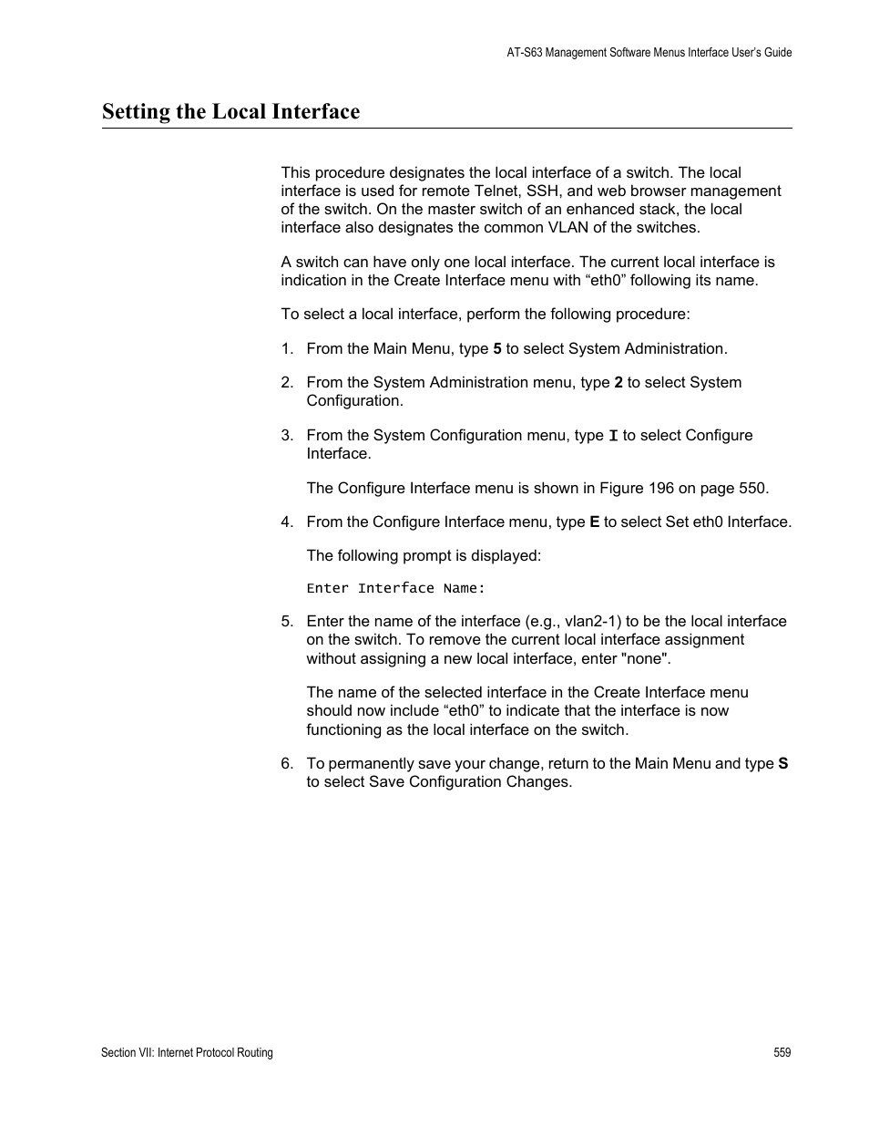 Setting the local interface | Allied Telesis AT-S63 User Manual | Page 559 / 672