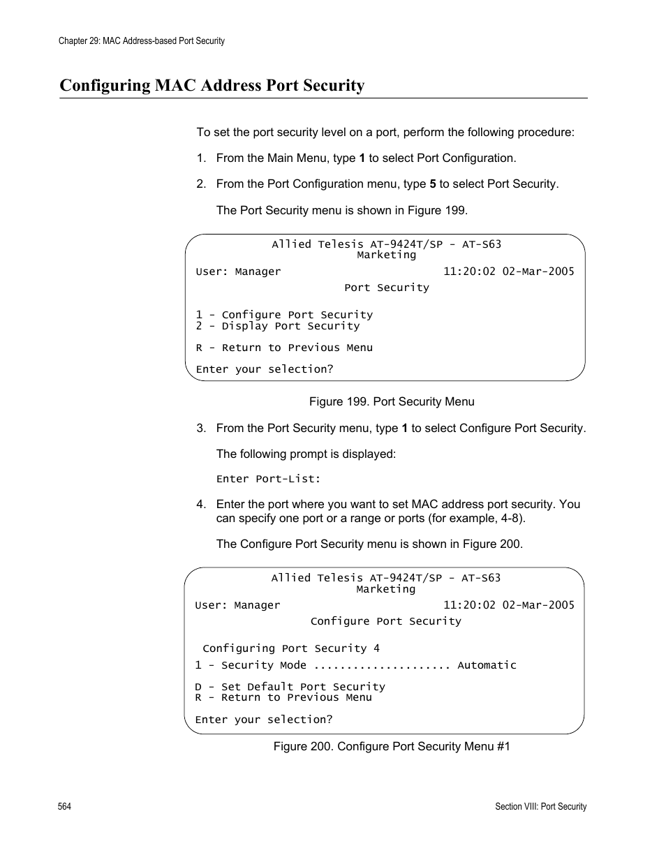 Configuring mac address port security | Allied Telesis AT-S63 User Manual | Page 564 / 672