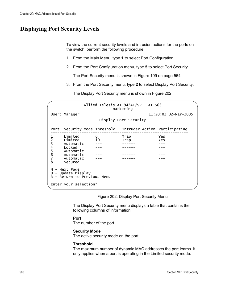 Displaying port security levels, Figure 202: display port security menu | Allied Telesis AT-S63 User Manual | Page 568 / 672
