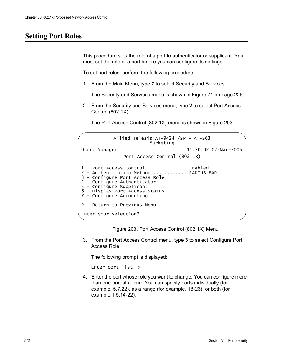 Setting port roles, Figure 203: port access control (802.1x) menu | Allied Telesis AT-S63 User Manual | Page 572 / 672