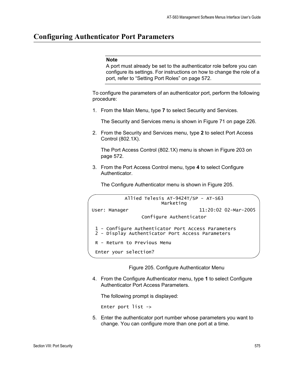 Configuring authenticator port parameters, Figure 205: configure authenticator menu | Allied Telesis AT-S63 User Manual | Page 575 / 672