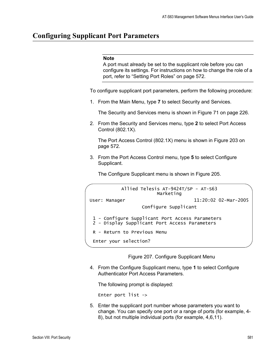 Configuring supplicant port parameters, Figure 207: configure supplicant menu | Allied Telesis AT-S63 User Manual | Page 581 / 672