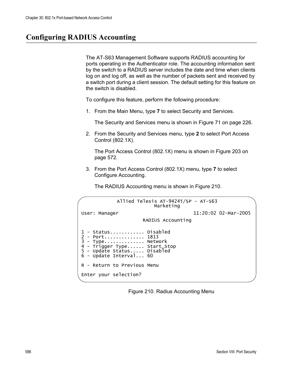 Configuring radius accounting, Figure 210: radius accounting menu | Allied Telesis AT-S63 User Manual | Page 586 / 672