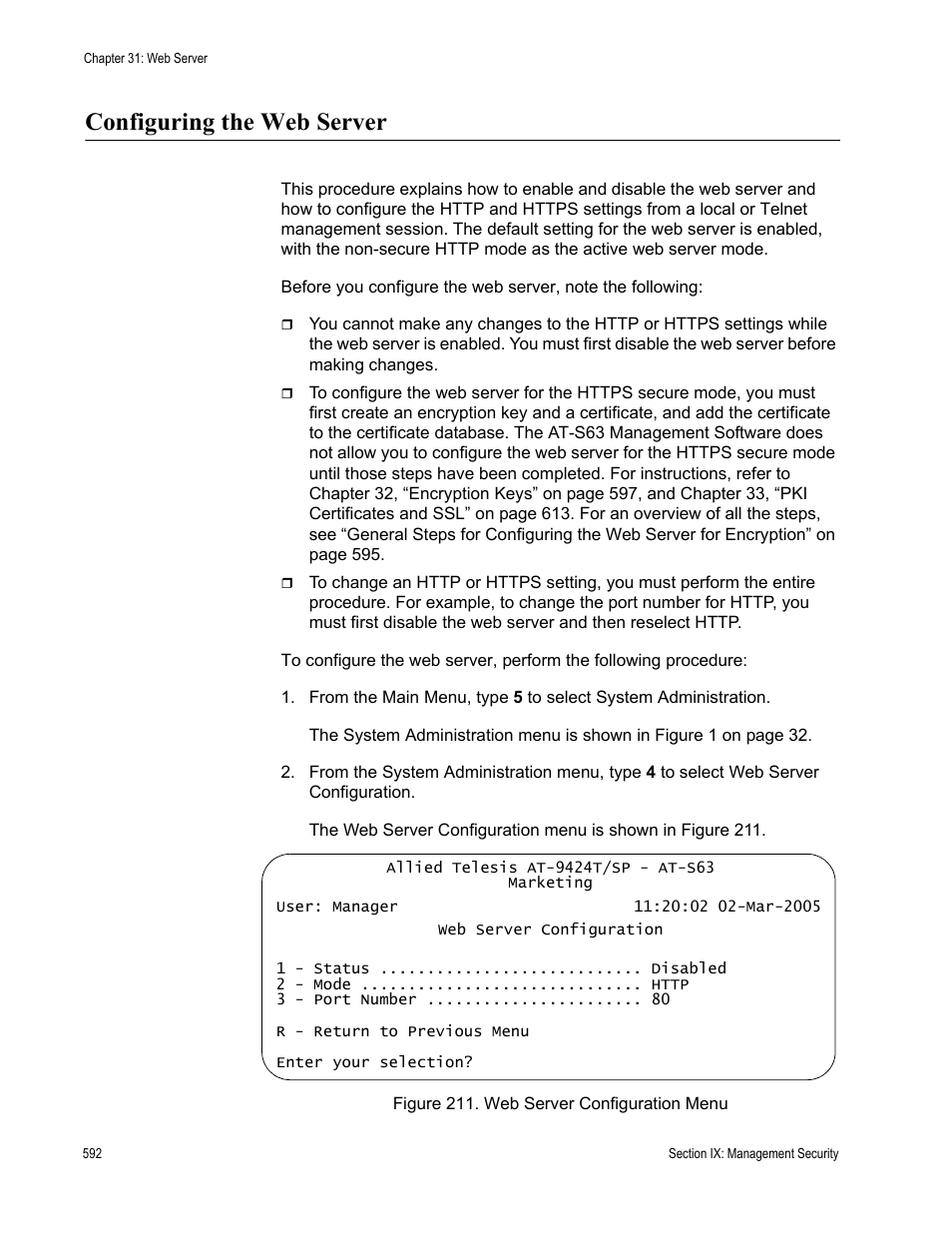 Configuring the web server, Figure 211: web server configuration menu | Allied Telesis AT-S63 User Manual | Page 592 / 672