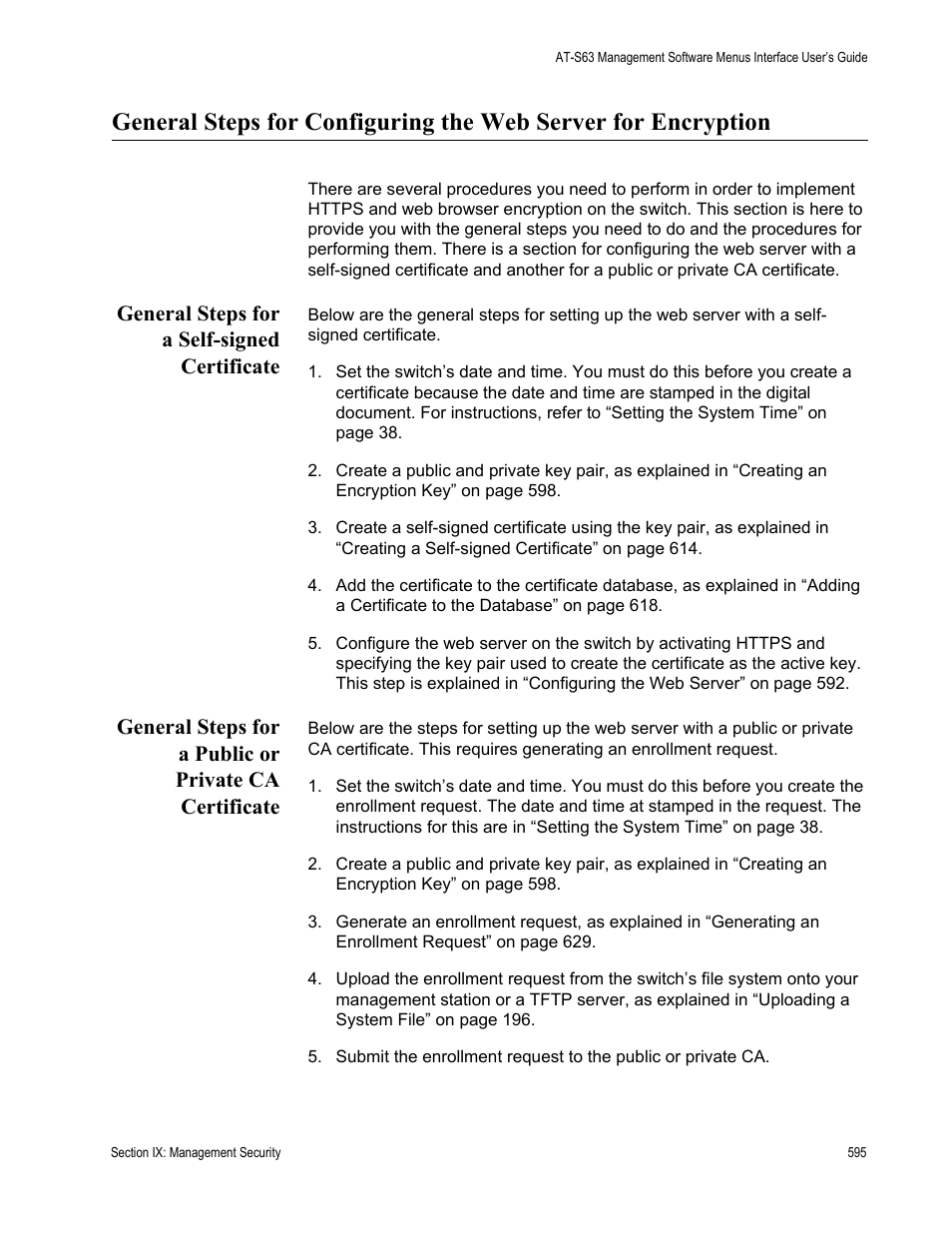 General steps for a self-signed certificate | Allied Telesis AT-S63 User Manual | Page 595 / 672