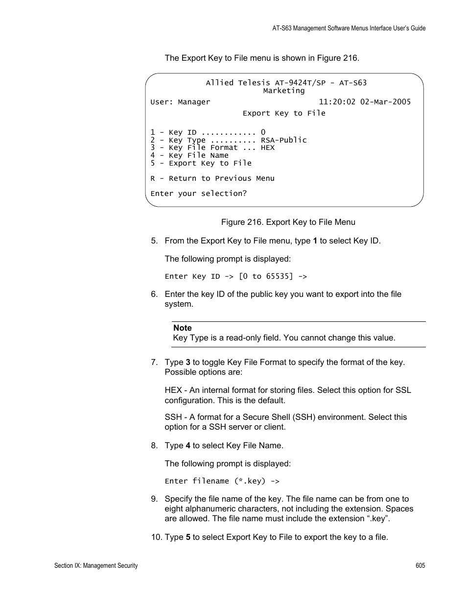 Figure 216: export key to file menu | Allied Telesis AT-S63 User Manual | Page 605 / 672