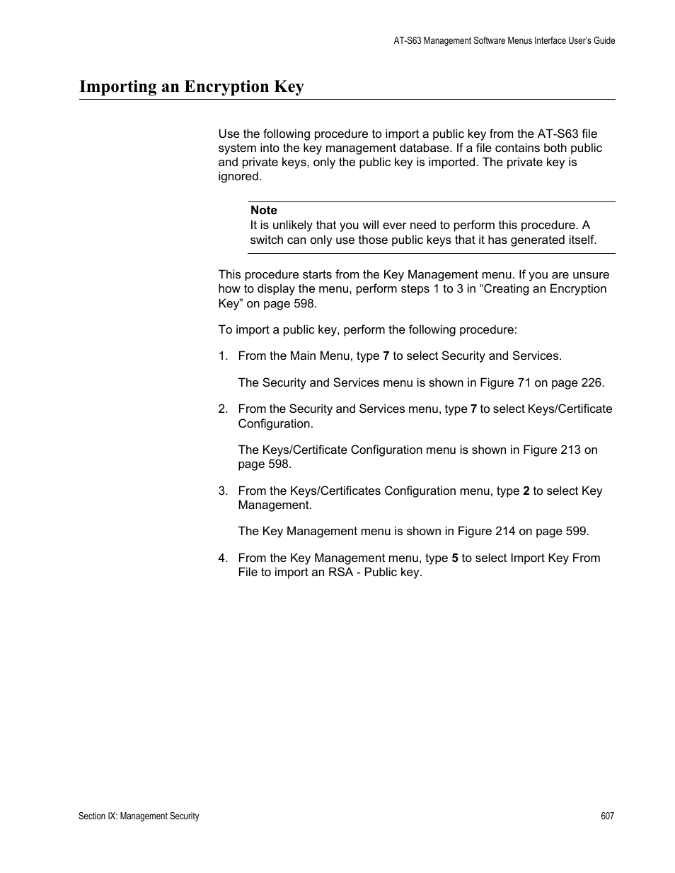 Importing an encryption key | Allied Telesis AT-S63 User Manual | Page 607 / 672