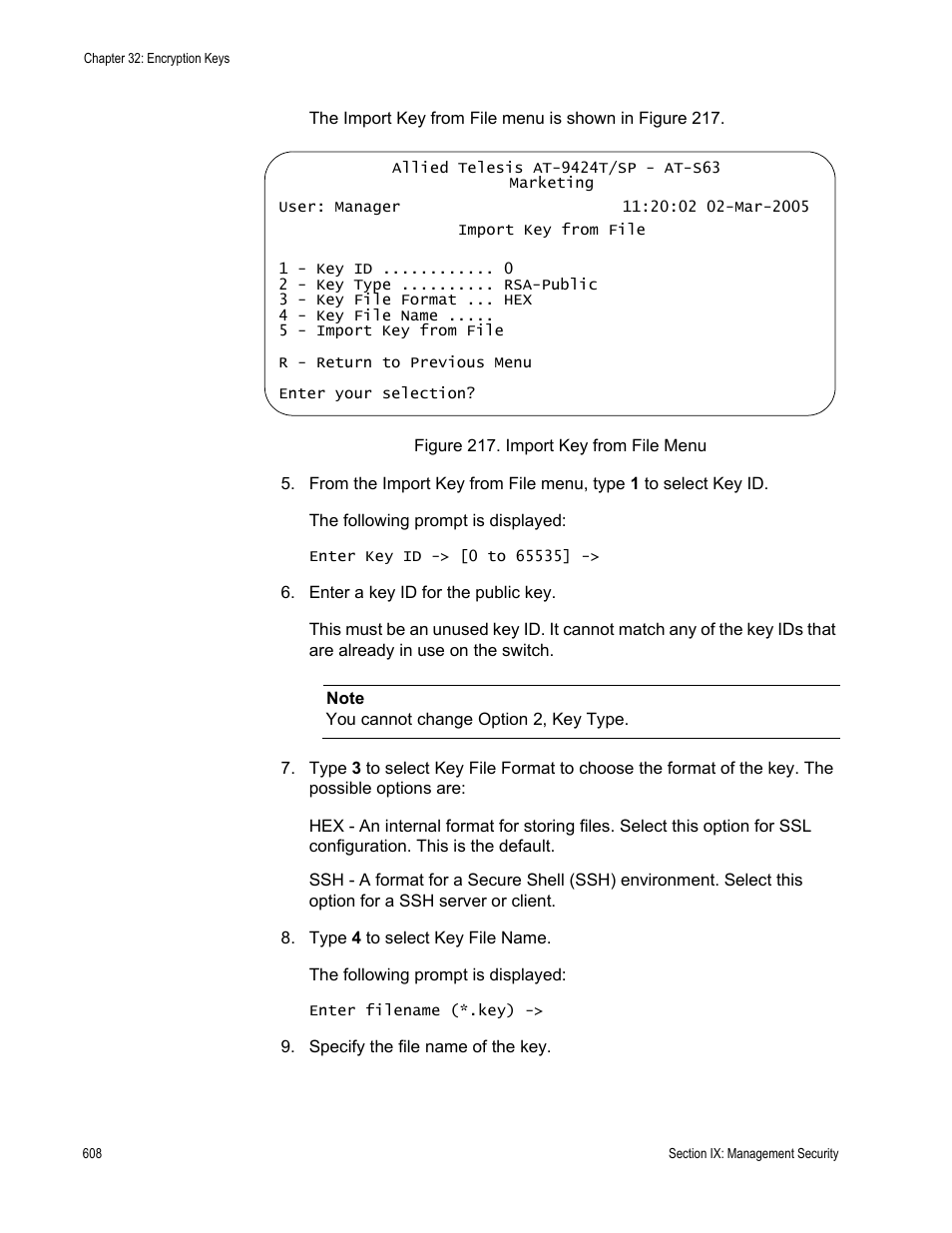Figure 217: import key from file menu | Allied Telesis AT-S63 User Manual | Page 608 / 672