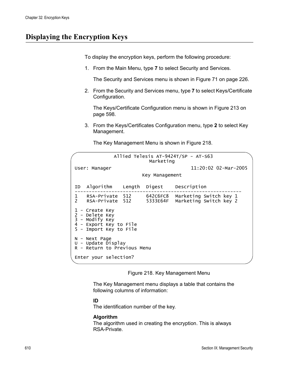 Displaying the encryption keys, Figure 218: key management menu | Allied Telesis AT-S63 User Manual | Page 610 / 672