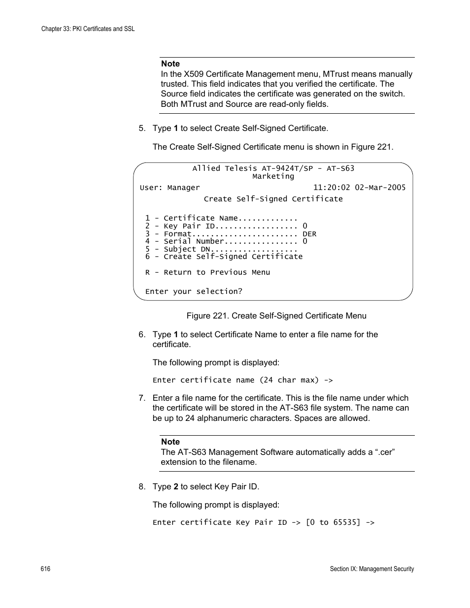 Figure 221: create self-signed certificate menu | Allied Telesis AT-S63 User Manual | Page 616 / 672