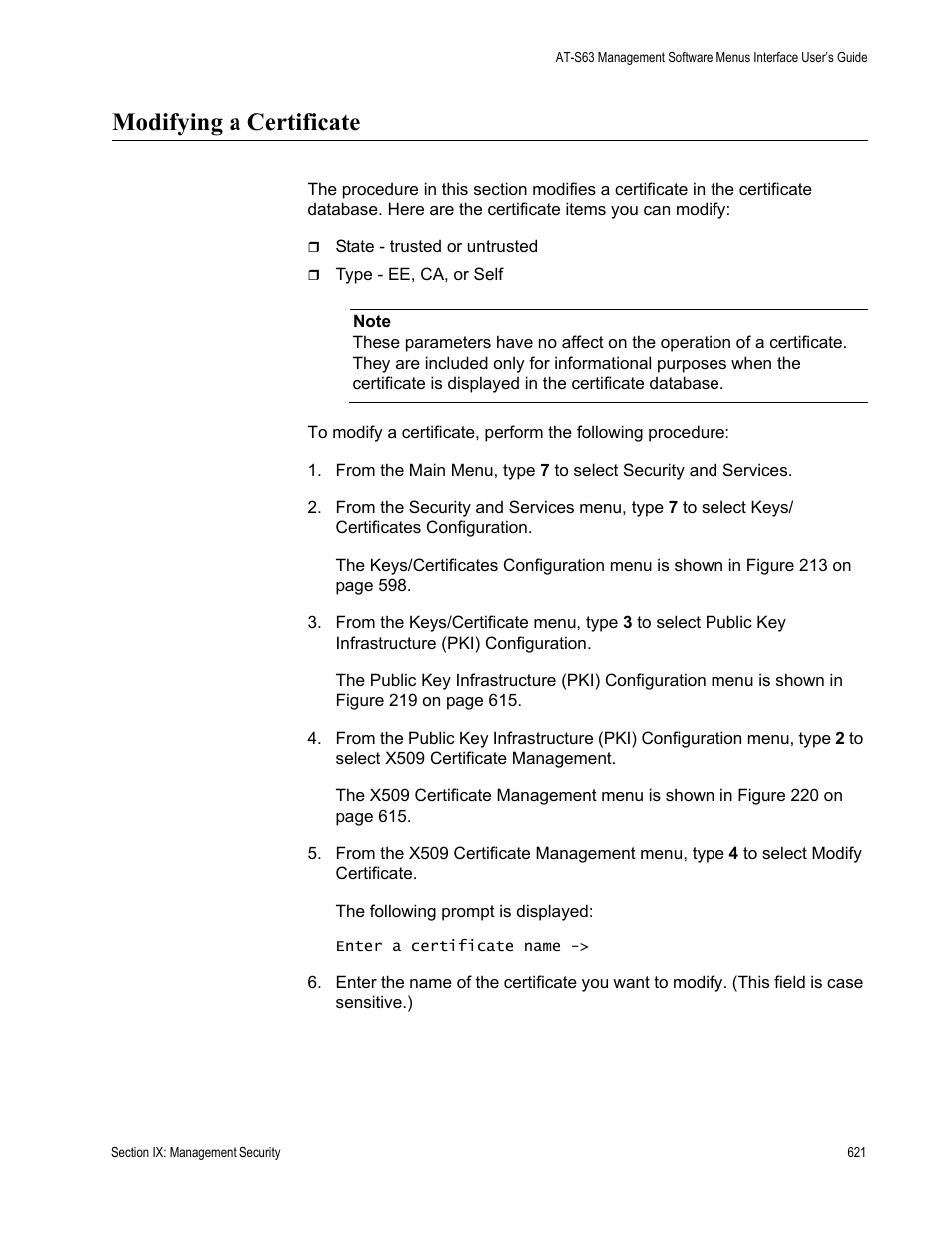 Modifying a certificate | Allied Telesis AT-S63 User Manual | Page 621 / 672