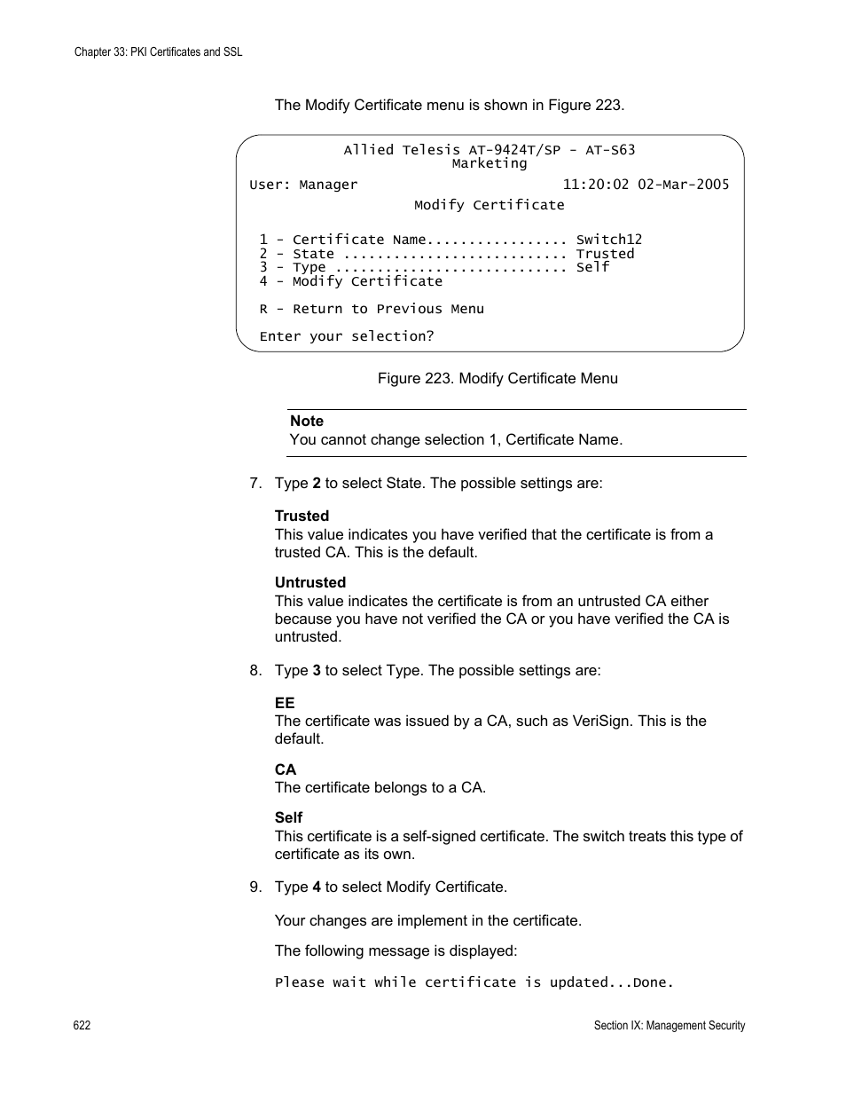 Figure 223: modify certificate menu | Allied Telesis AT-S63 User Manual | Page 622 / 672