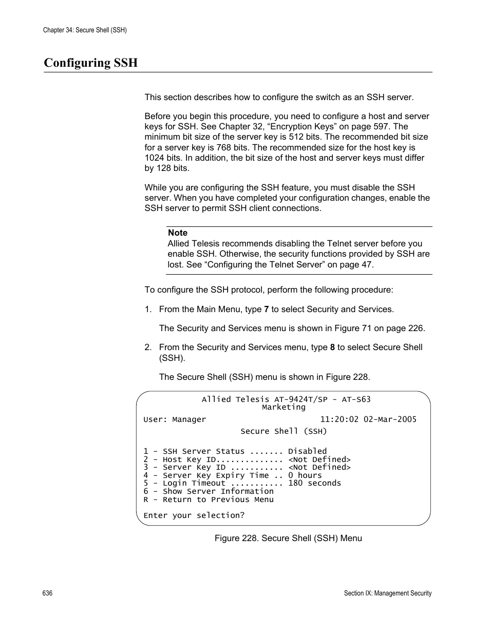 Configuring ssh, Figure 228: secure shell (ssh) menu | Allied Telesis AT-S63 User Manual | Page 636 / 672