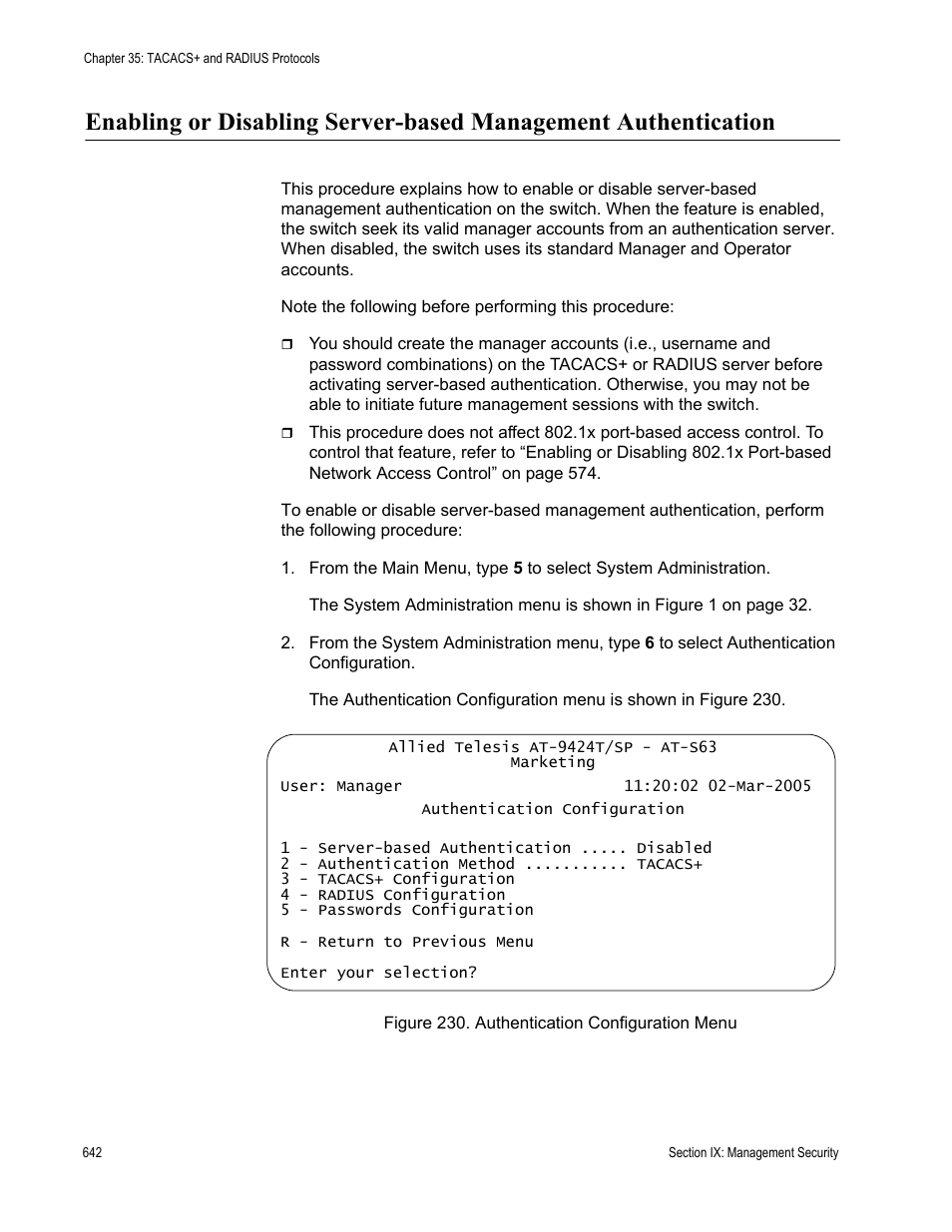 Figure 230: authentication configuration menu | Allied Telesis AT-S63 User Manual | Page 642 / 672