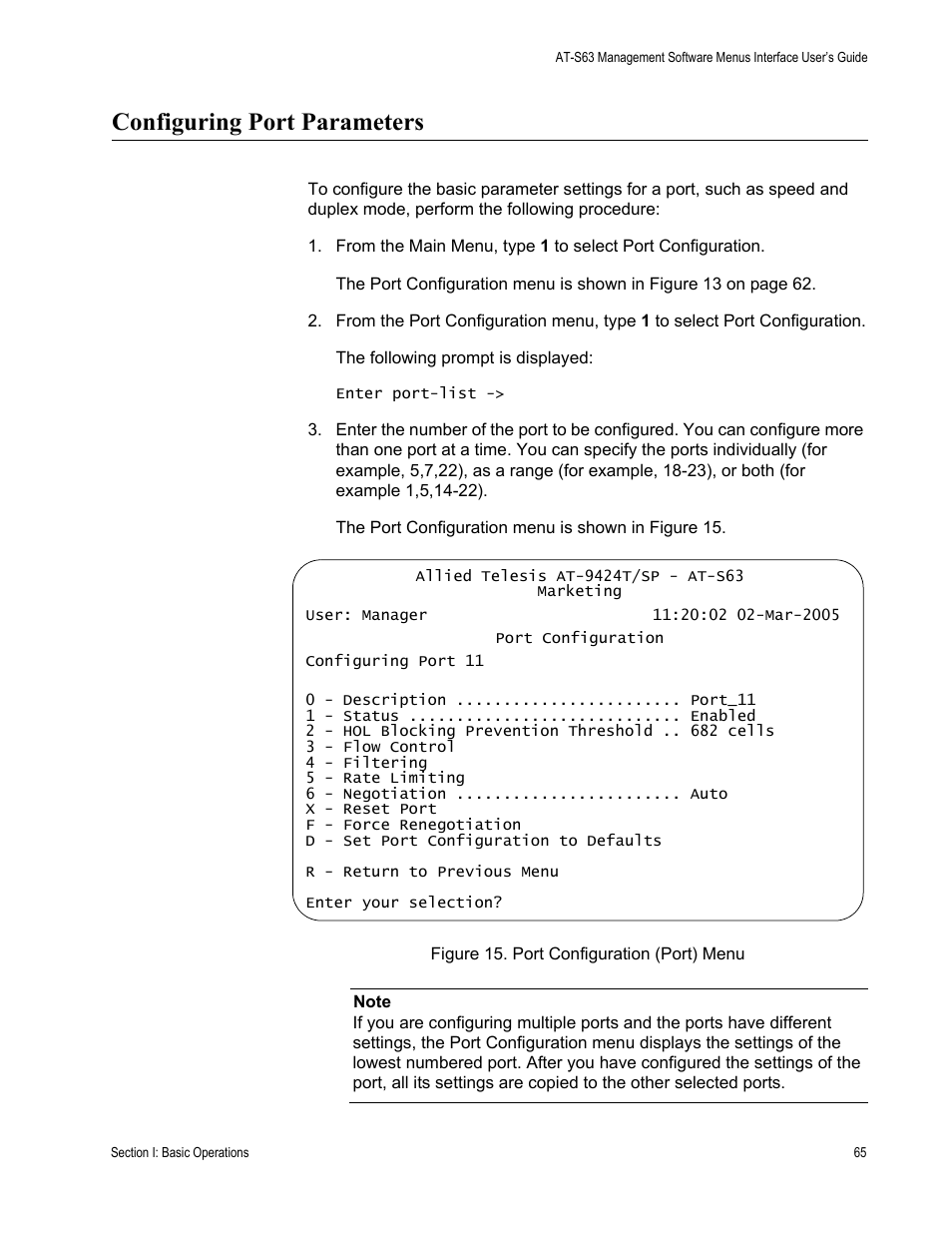 Configuring port parameters, Figure 15: port configuration (port) menu | Allied Telesis AT-S63 User Manual | Page 65 / 672