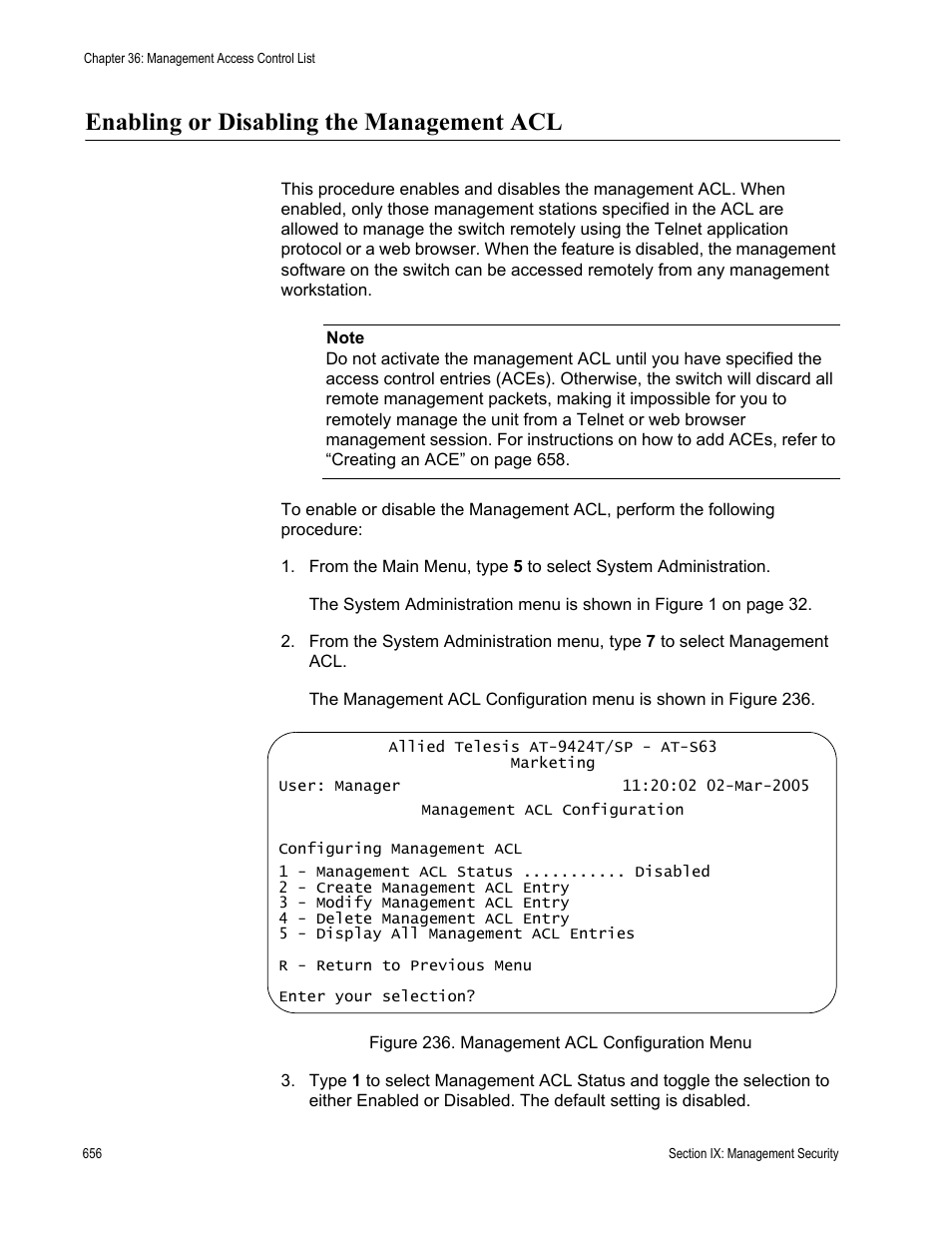 Enabling or disabling the management acl, Figure 236: management acl configuration menu | Allied Telesis AT-S63 User Manual | Page 656 / 672
